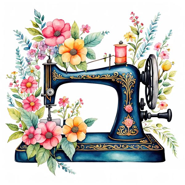 Watercolor Sewing Machine Clipart: Vintage Floral PNG JPG (Commercial Use) — image 9