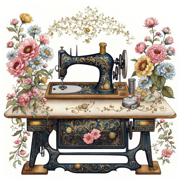 Watercolor Sewing Machine Clipart: Vintage Floral PNG JPG (Commercial Use) — image 10