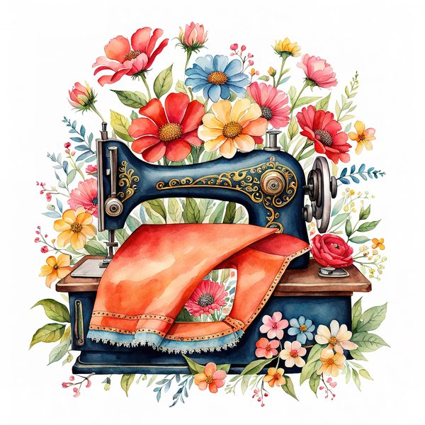 Watercolor Sewing Machine Clipart: Vintage Floral PNG JPG (Commercial Use) — image 13