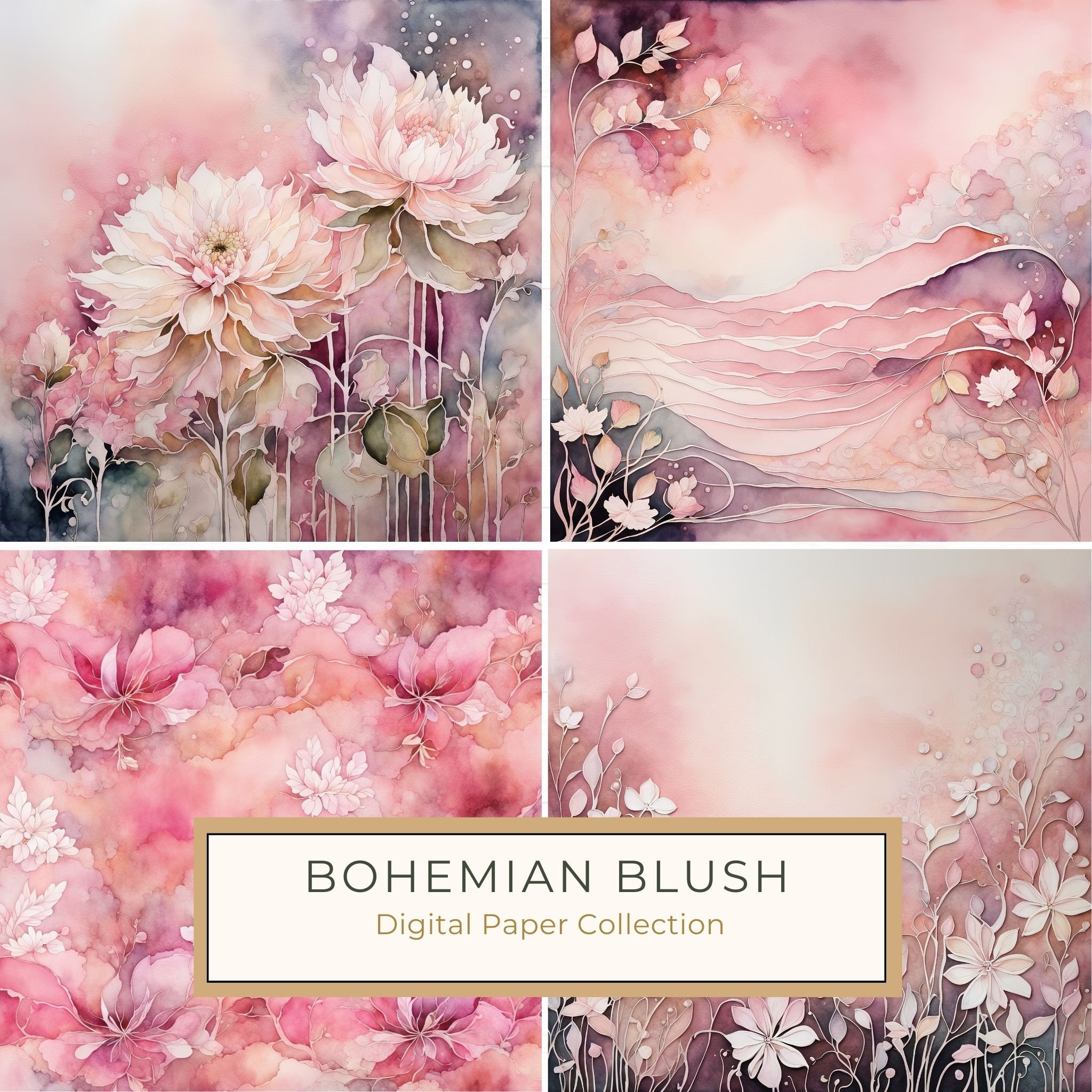 Bohemian Blush Floral Watercolor Paper Set (10 JPGs) Commercial Use