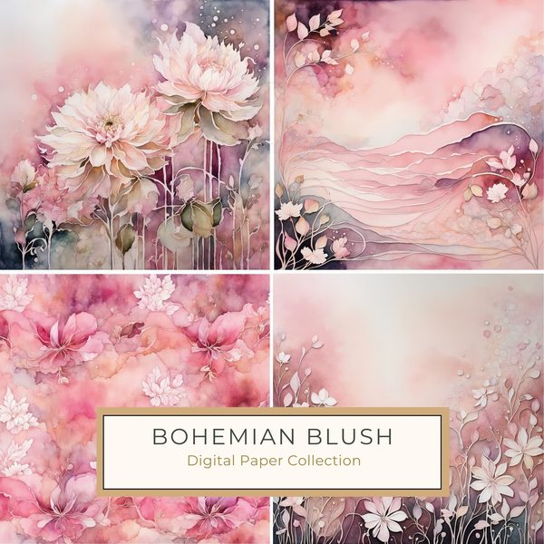 Bohemian Blush Floral Watercolor Paper Set (10 JPGs) Commercial Use