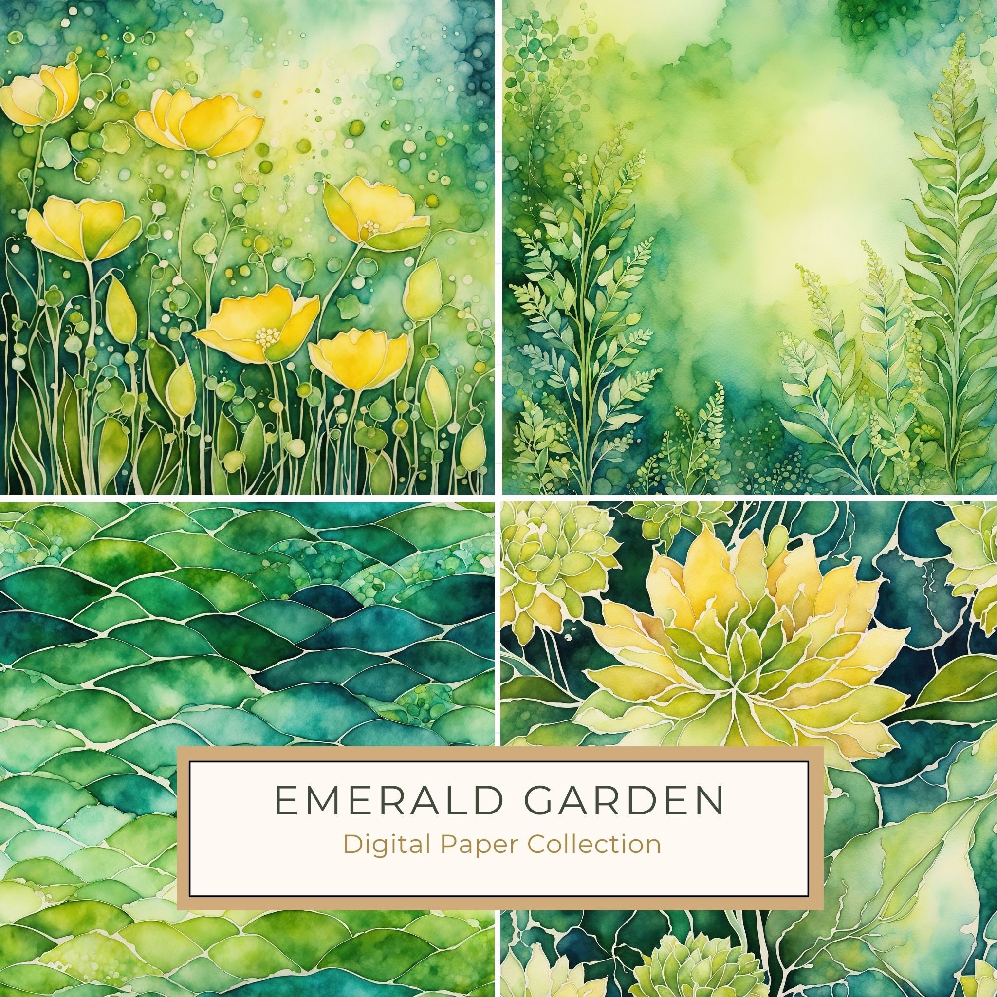 Emerald Garden Digital Paper Set: Abstract Floral Watercolor Backgrounds (10 JPGs)