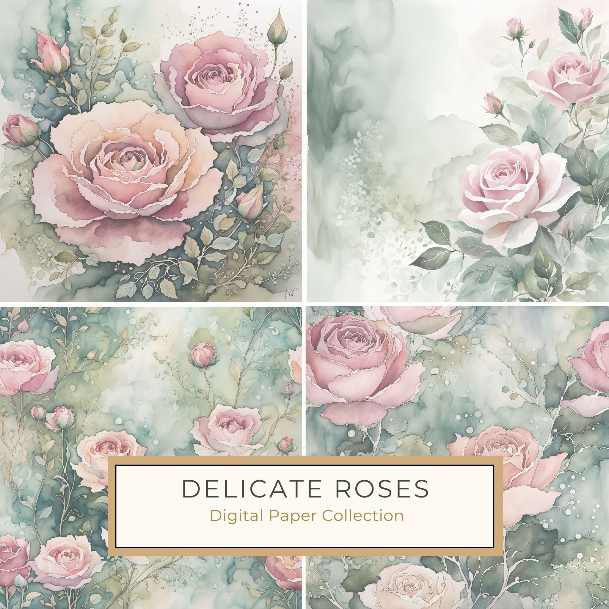 Watercolor Roses Digital Paper: Soft Sage & Dusty Rose (JPGs)