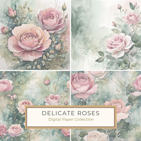 Watercolor Roses Digital Paper: Soft Sage & Dusty Rose (JPGs)