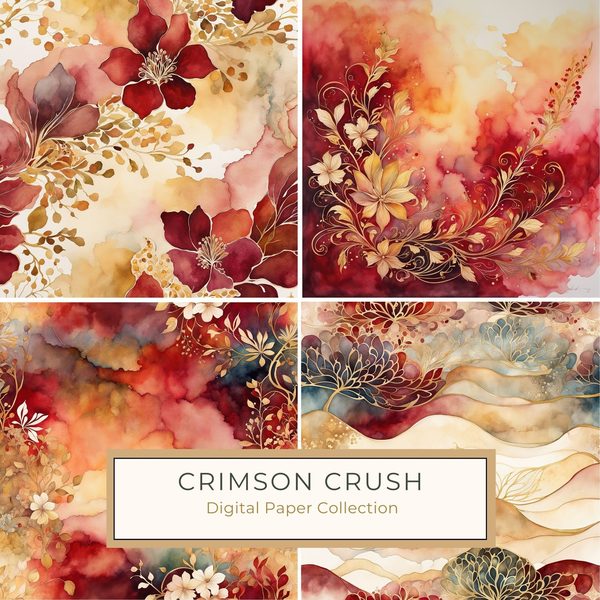Crimson Floral Digital Paper Set: Gold Foil Boho Art (10 JPGs)