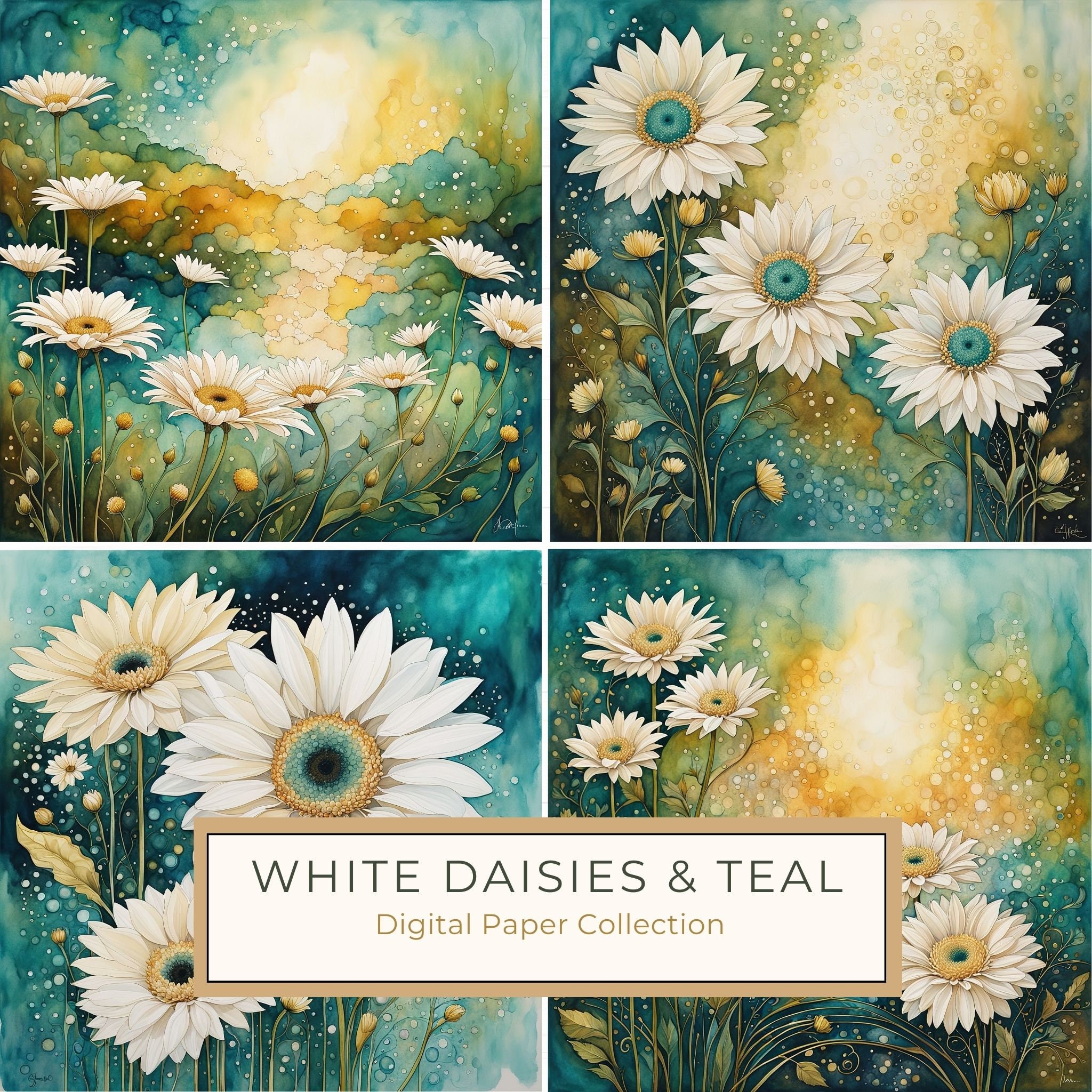 Gerbera Daisy Digital Paper Set: Teal Watercolor Floral Art (10 JPGs)