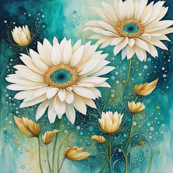 Gerbera Daisy Digital Paper Set: Teal Watercolor Floral Art (10 JPGs) — image 9