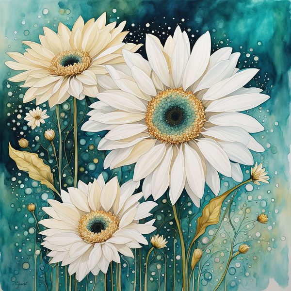 Gerbera Daisy Digital Paper Set: Teal Watercolor Floral Art (10 JPGs) — image 11