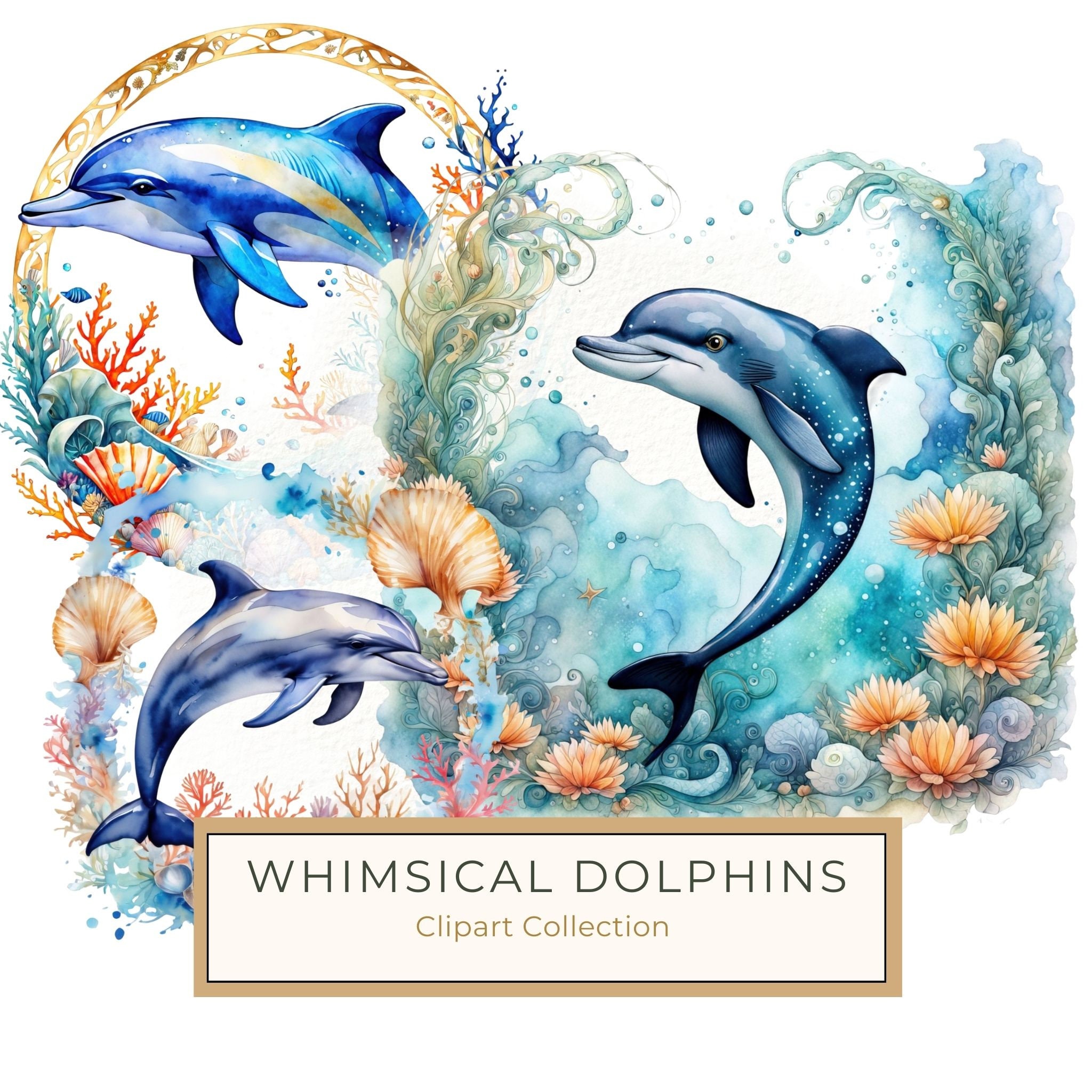 Watercolor Dolphin Clipart: Boho Coastal Wreath (Digital Print)