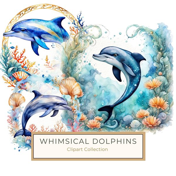 Watercolor Dolphin Clipart: Boho Coastal Wreath (Digital Print)