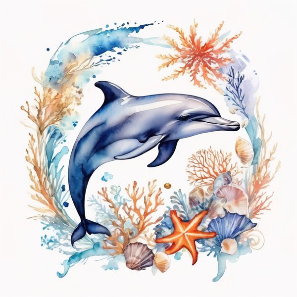 Watercolor Dolphin Clipart: Boho Coastal Wreath (Digital Print) — image 1