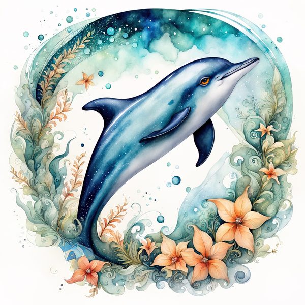 Watercolor Dolphin Clipart: Boho Coastal Wreath (Digital Print) — image 2