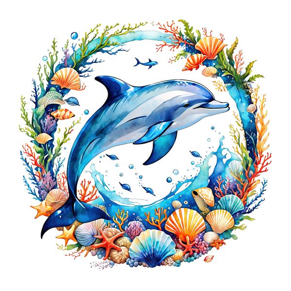 Watercolor Dolphin Clipart: Boho Coastal Wreath (Digital Print) — image 5