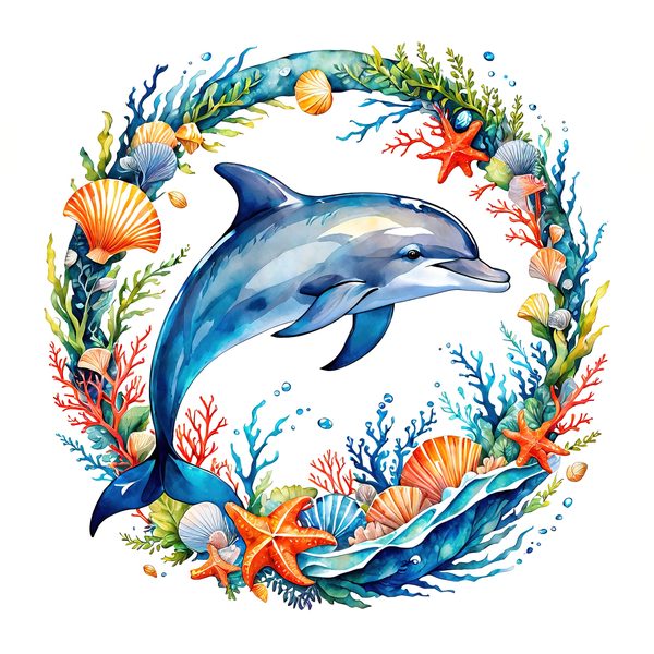 Watercolor Dolphin Clipart: Boho Coastal Wreath (Digital Print) — image 7