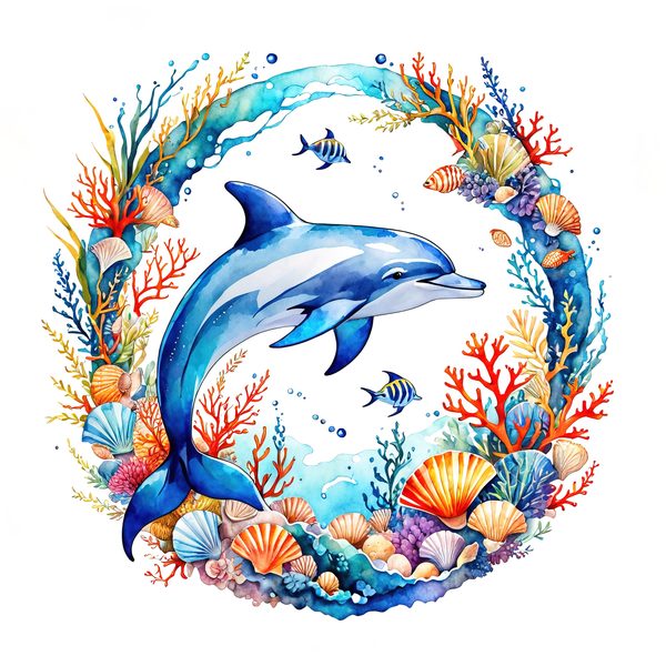 Watercolor Dolphin Clipart: Boho Coastal Wreath (Digital Print) — image 8