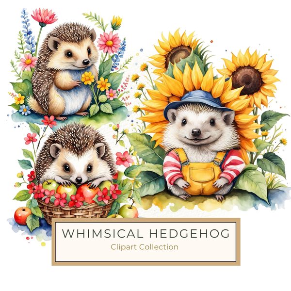 Watercolor Hedgehog Clipart: Gardening Fun, Sunflowers (Digital Print)