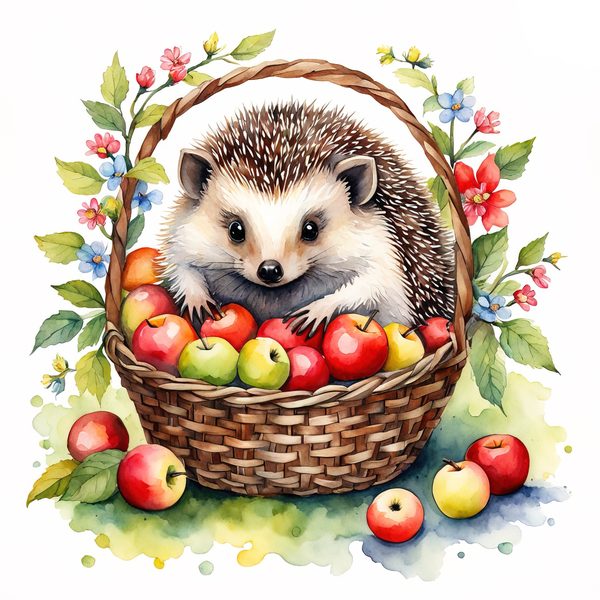 Watercolor Hedgehog Clipart: Gardening Fun, Sunflowers (Digital Print) — image 1