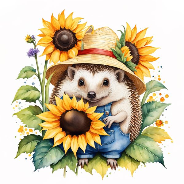 Watercolor Hedgehog Clipart: Gardening Fun, Sunflowers (Digital Print) — image 2