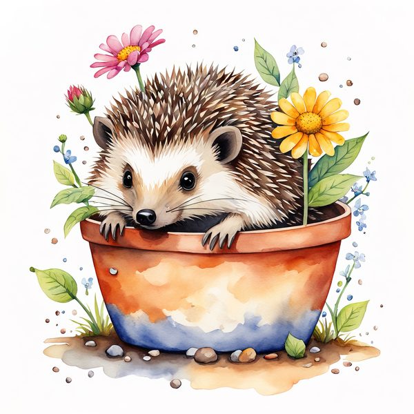 Watercolor Hedgehog Clipart: Gardening Fun, Sunflowers (Digital Print) — image 4