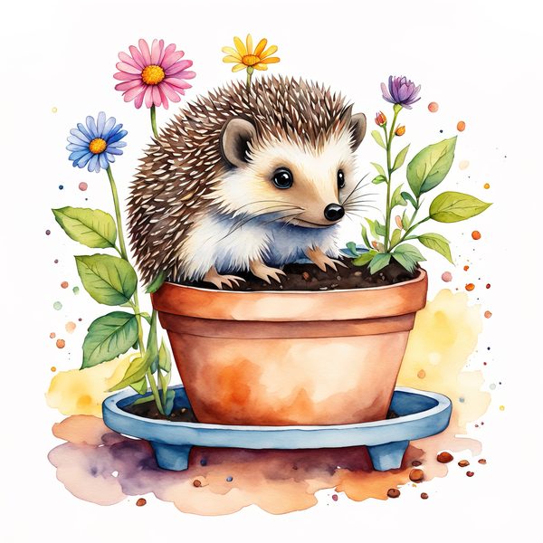 Watercolor Hedgehog Clipart: Gardening Fun, Sunflowers (Digital Print) — image 5