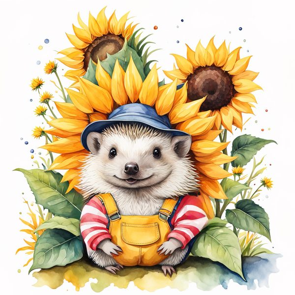 Watercolor Hedgehog Clipart: Gardening Fun, Sunflowers (Digital Print) — image 6