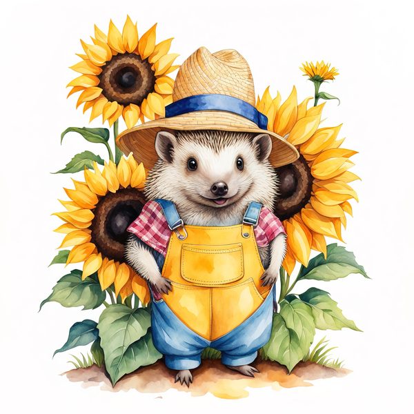 Watercolor Hedgehog Clipart: Gardening Fun, Sunflowers (Digital Print) — image 7
