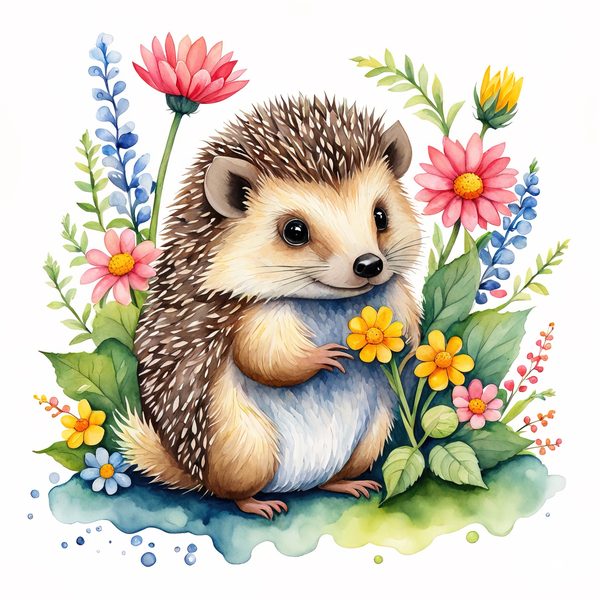 Watercolor Hedgehog Clipart: Gardening Fun, Sunflowers (Digital Print) — image 8