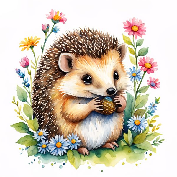 Watercolor Hedgehog Clipart: Gardening Fun, Sunflowers (Digital Print) — image 9