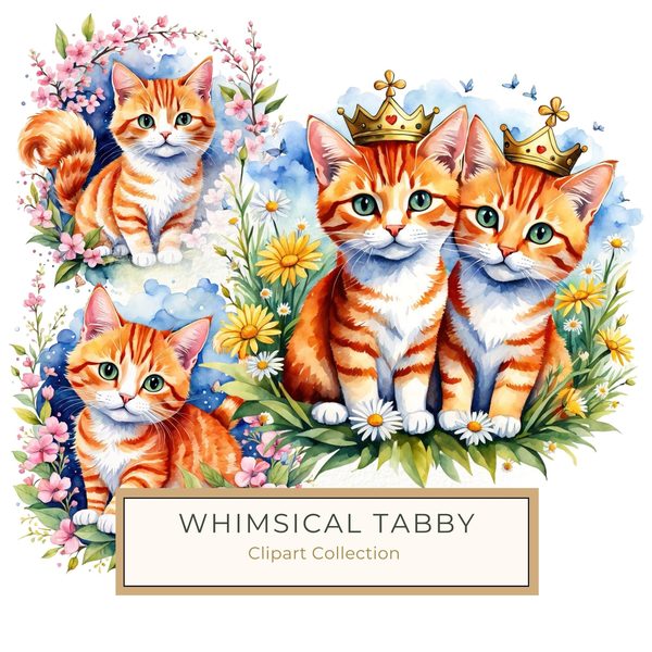 Watercolor Tabby Cat Clipart: Crown, Pink Flowers (Digital Print)