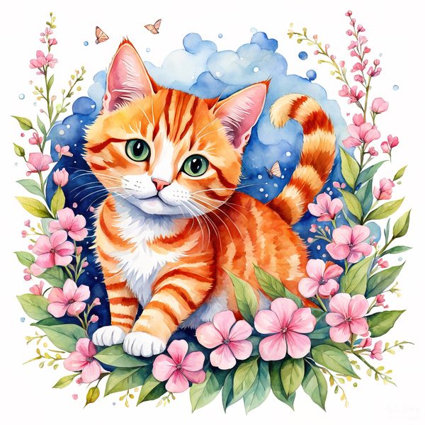 Watercolor Tabby Cat Clipart: Crown, Pink Flowers (Digital Print) — image 1