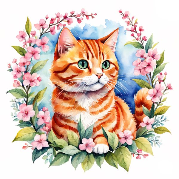 Watercolor Tabby Cat Clipart: Crown, Pink Flowers (Digital Print) — image 2