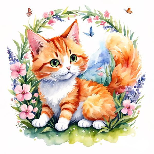 Watercolor Tabby Cat Clipart: Crown, Pink Flowers (Digital Print) — image 3