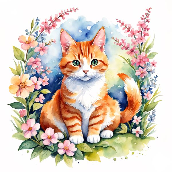Watercolor Tabby Cat Clipart: Crown, Pink Flowers (Digital Print) — image 4