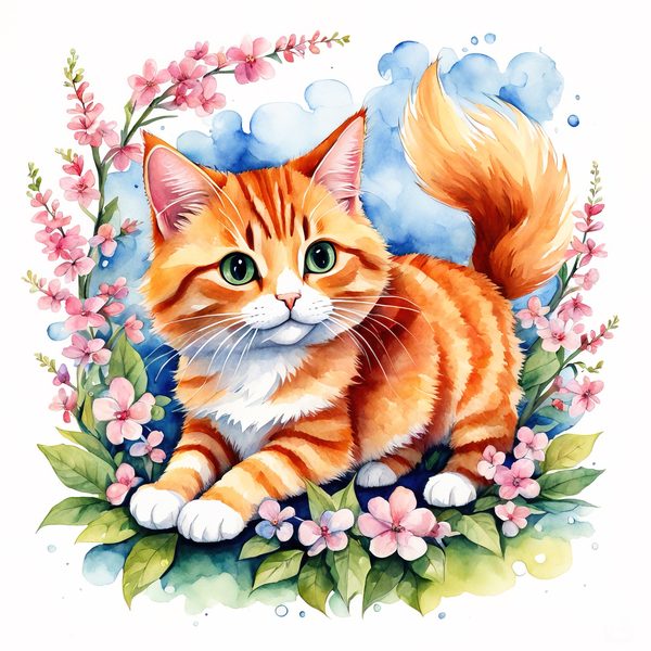 Watercolor Tabby Cat Clipart: Crown, Pink Flowers (Digital Print) — image 5