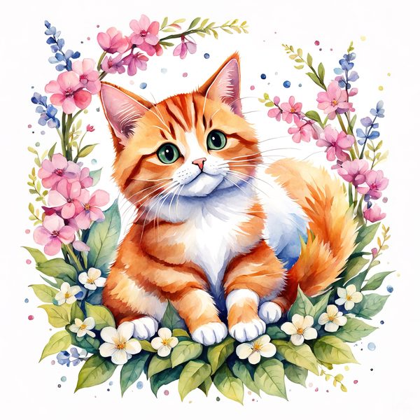 Watercolor Tabby Cat Clipart: Crown, Pink Flowers (Digital Print) — image 6