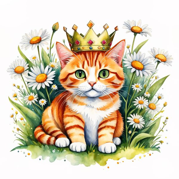 Watercolor Tabby Cat Clipart: Crown, Pink Flowers (Digital Print) — image 10