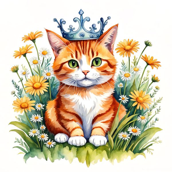 Watercolor Tabby Cat Clipart: Crown, Pink Flowers (Digital Print) — image 11