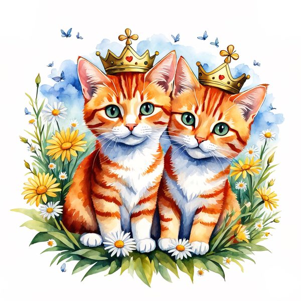Watercolor Tabby Cat Clipart: Crown, Pink Flowers (Digital Print) — image 12