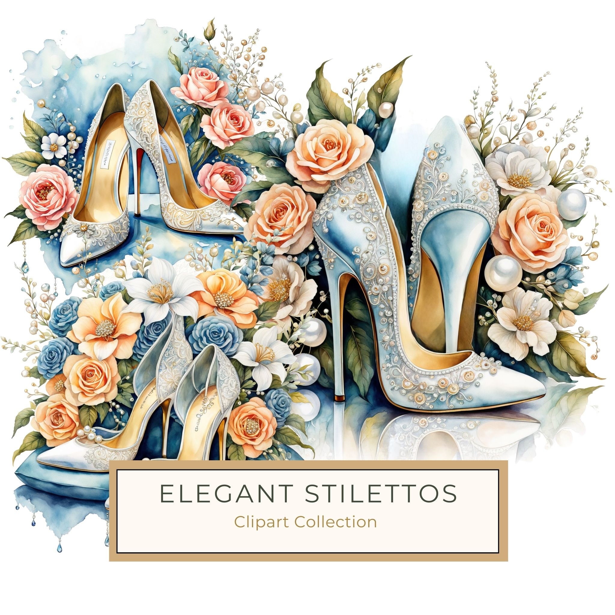 Watercolor Stiletto Clipart: Embroidered Bridal Shoes (JPG & PNG Files)