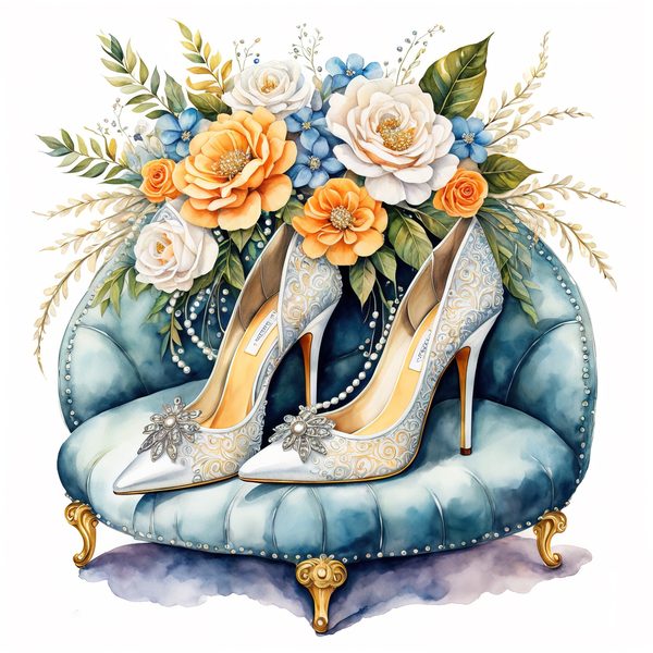 Watercolor Stiletto Clipart: Embroidered Bridal Shoes (JPG & PNG Files) — image 1
