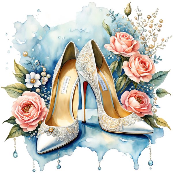 Watercolor Stiletto Clipart: Embroidered Bridal Shoes (JPG & PNG Files) — image 2