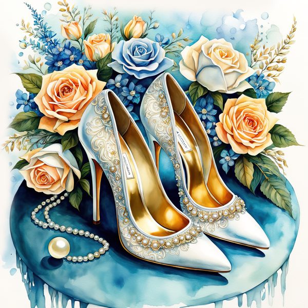 Watercolor Stiletto Clipart: Embroidered Bridal Shoes (JPG & PNG Files) — image 3