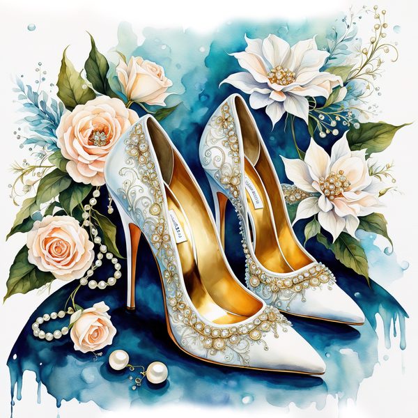 Watercolor Stiletto Clipart: Embroidered Bridal Shoes (JPG & PNG Files) — image 4