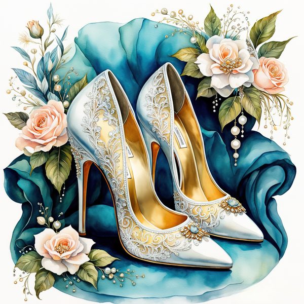Watercolor Stiletto Clipart: Embroidered Bridal Shoes (JPG & PNG Files) — image 5