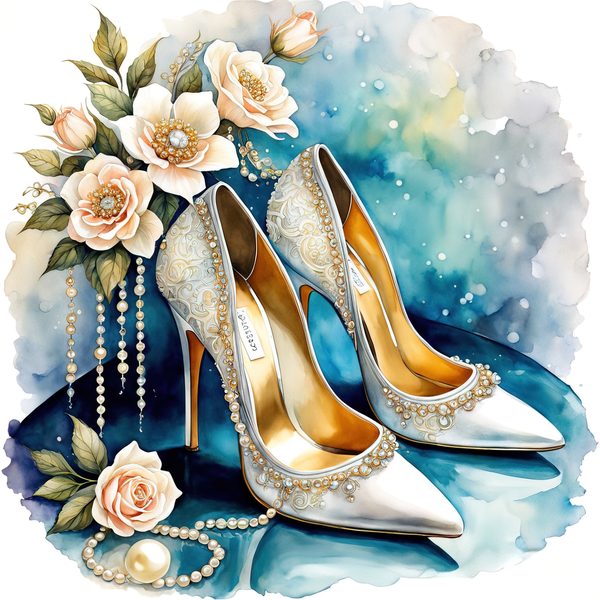 Watercolor Stiletto Clipart: Embroidered Bridal Shoes (JPG & PNG Files) — image 6