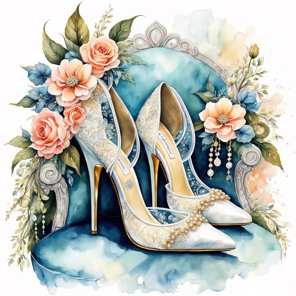 Watercolor Stiletto Clipart: Embroidered Bridal Shoes (JPG & PNG Files) — image 7