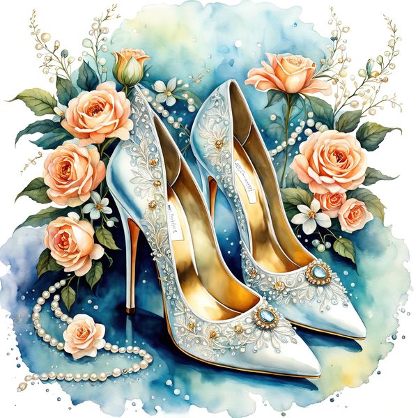 Watercolor Stiletto Clipart: Embroidered Bridal Shoes (JPG & PNG Files) — image 8