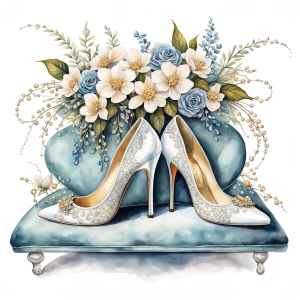 Watercolor Stiletto Clipart: Embroidered Bridal Shoes (JPG & PNG Files) — image 10