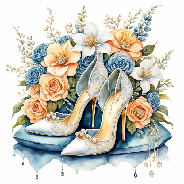 Watercolor Stiletto Clipart: Embroidered Bridal Shoes (JPG & PNG Files) — image 11