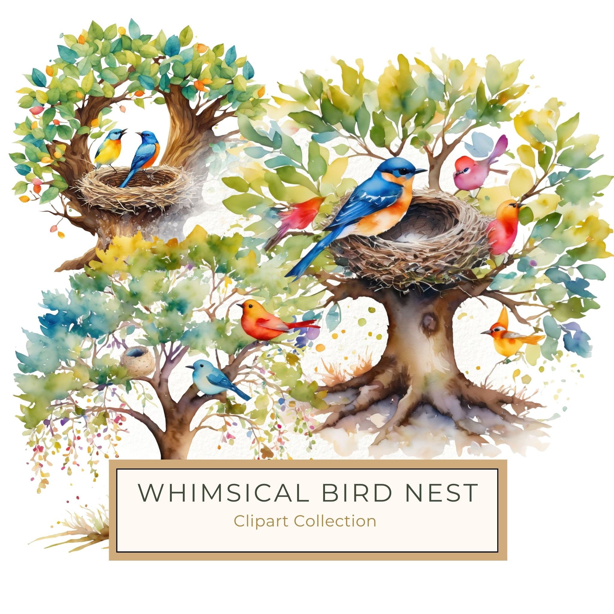 Watercolor Bird Nest Clipart: Whimsical Garden Art (JPG & PNG)